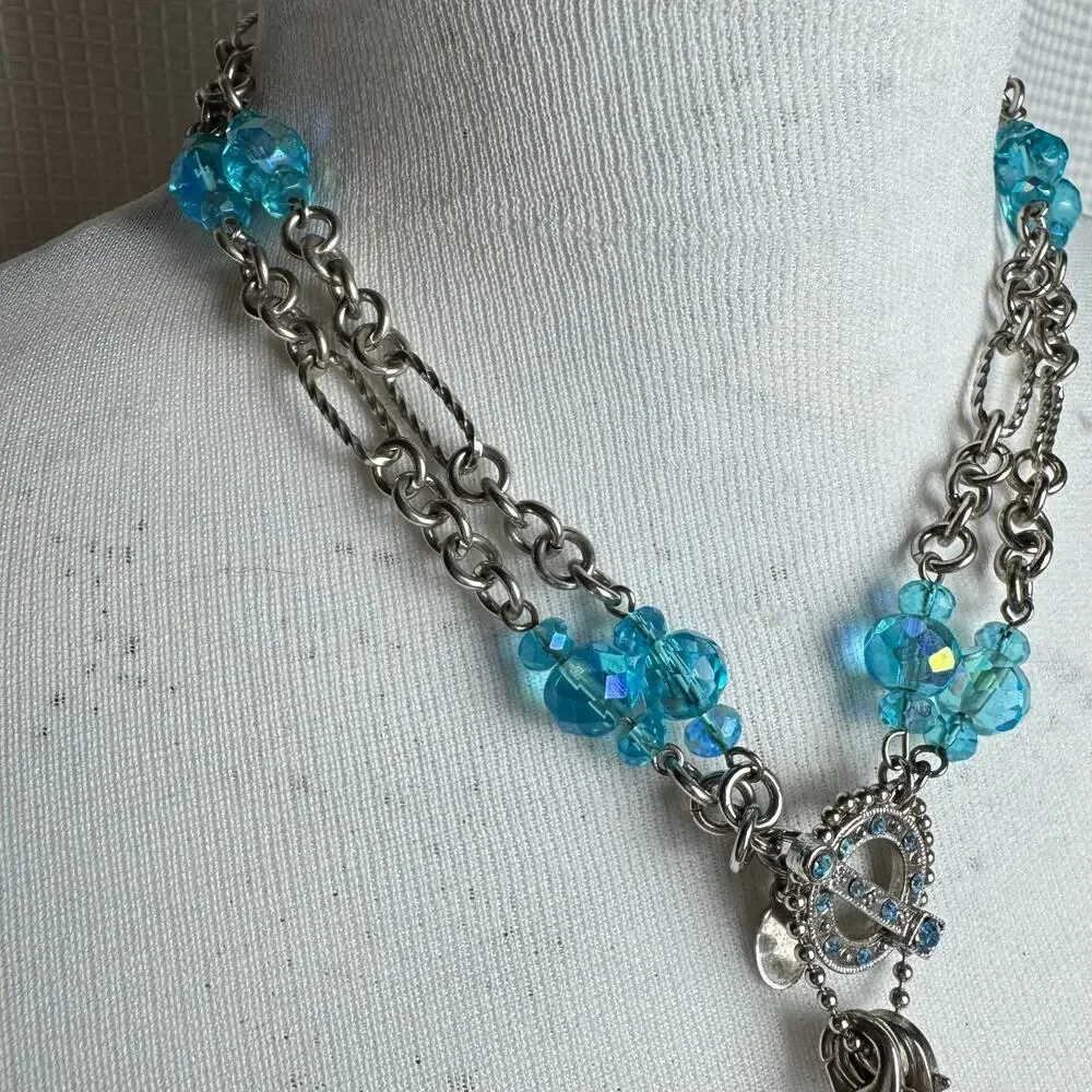 Kirks Folly Necklace I Remember You By Heart Silver Tone Locket Charms Blue Bead